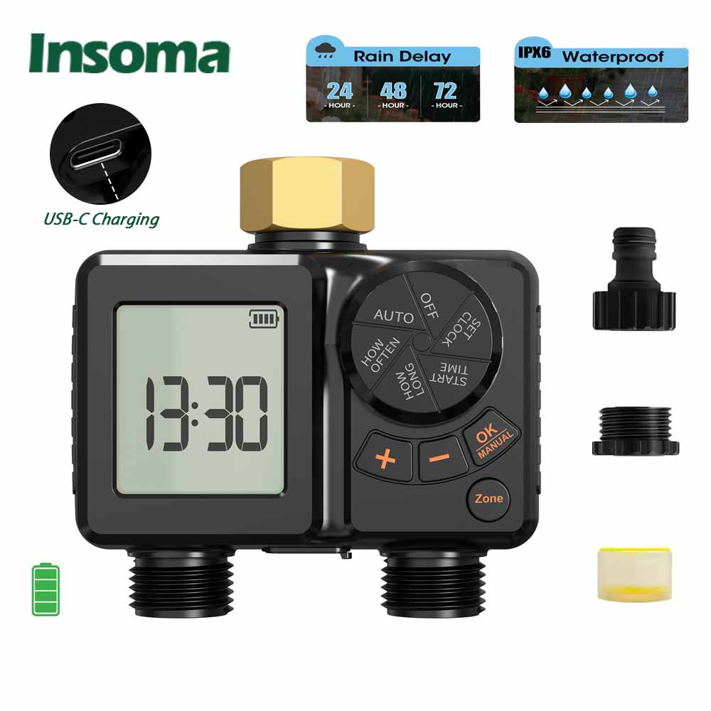 Smart Garden Hose Timer - INSOMA IPX6 ガーデンウォータータイマー 2.8インチワイドディスプレイ USB-C充電式灌漑システム アップグレード2000mAh大容量バッテリー、UV耐性ハウジング、時限式散水、雨天時自動散水システム、ガーデンアクセサリー