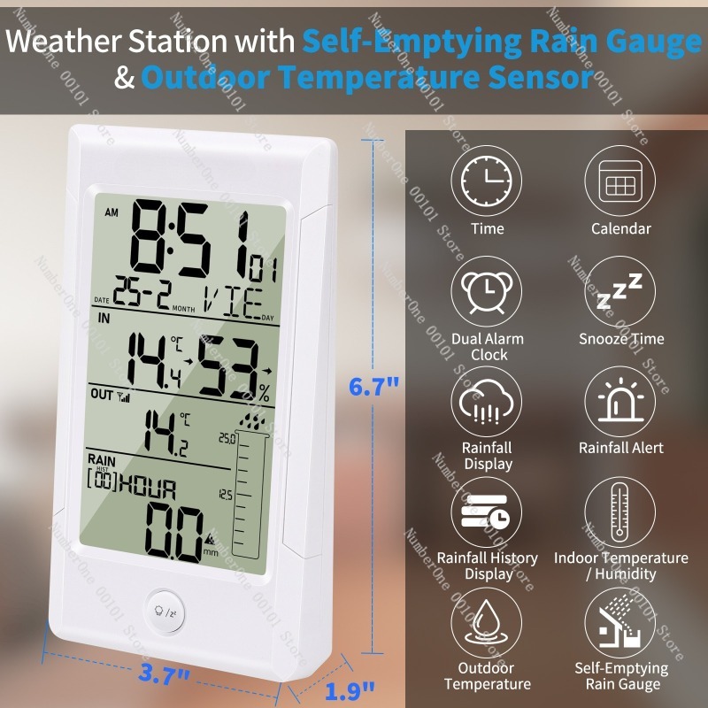Rain Gauge Digital - ワイヤレス気象観測ステーション、雨量計付き、屋内外温度湿度モニター、家庭用デジタル時計アラーム