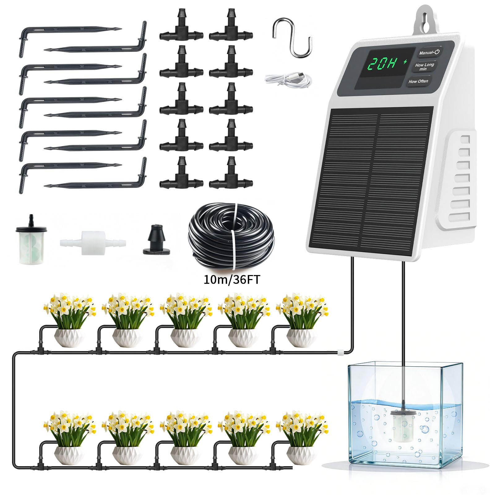 Smart Garden Tower - 改良型ソーラー点滴灌漑システム 自動散水装置 家庭菜園、バルコニー、温室、吊り下げ植物用