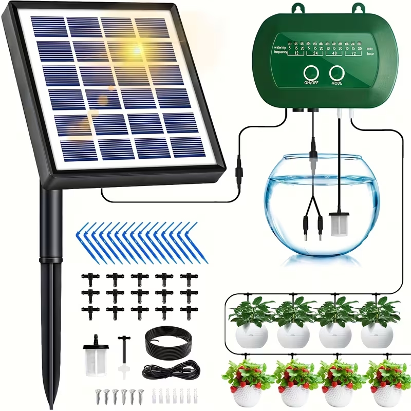 Smart Garden Hose Timer - 庭用ソーラー自動散水キット、15m散水ホース付き点滴灌漑システム、バルコニー、植木鉢、植物用