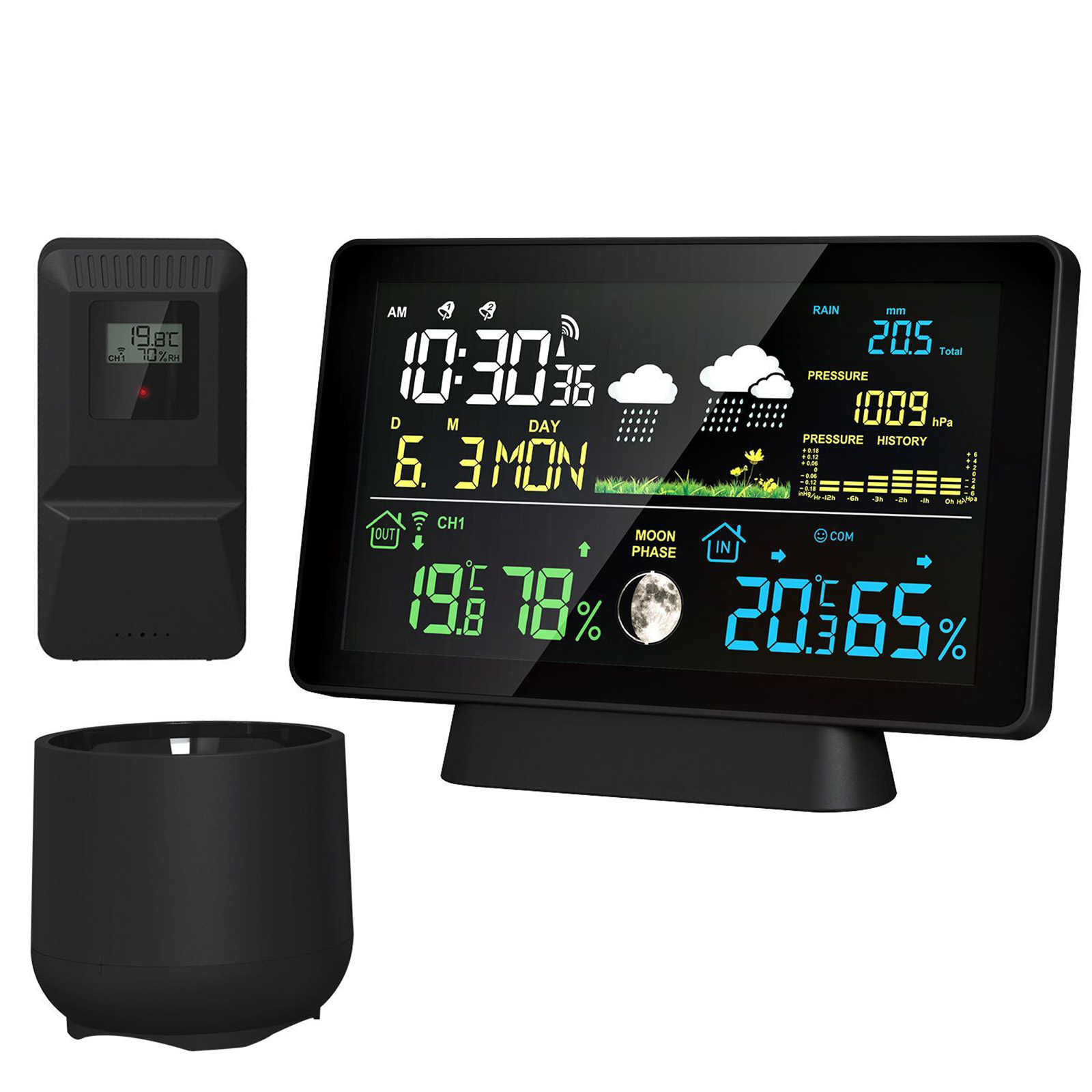 Rain Gauge Digital - 屋内/屋外ワイヤレス気象観測所 温度計 時刻 日付 無線信号 気圧